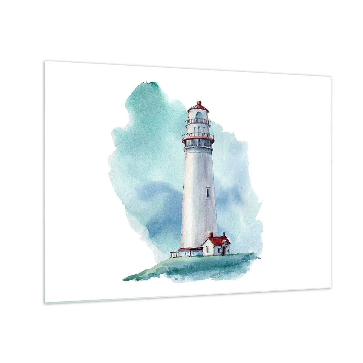 Glasbild - Bild auf glas - Ein Leuchtturm vor einem blauen Aquarellhimmel - 70x50cm - Sanfte Schwester vom Blau - Moderne Wanddekoration für Wohnzimmer und Schlafzimmer ARTTOR