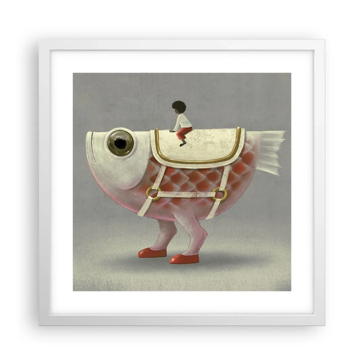 Poster in einem weißen Rahmen - Reiter auf einem surrealen Fisch - 40x40 cm