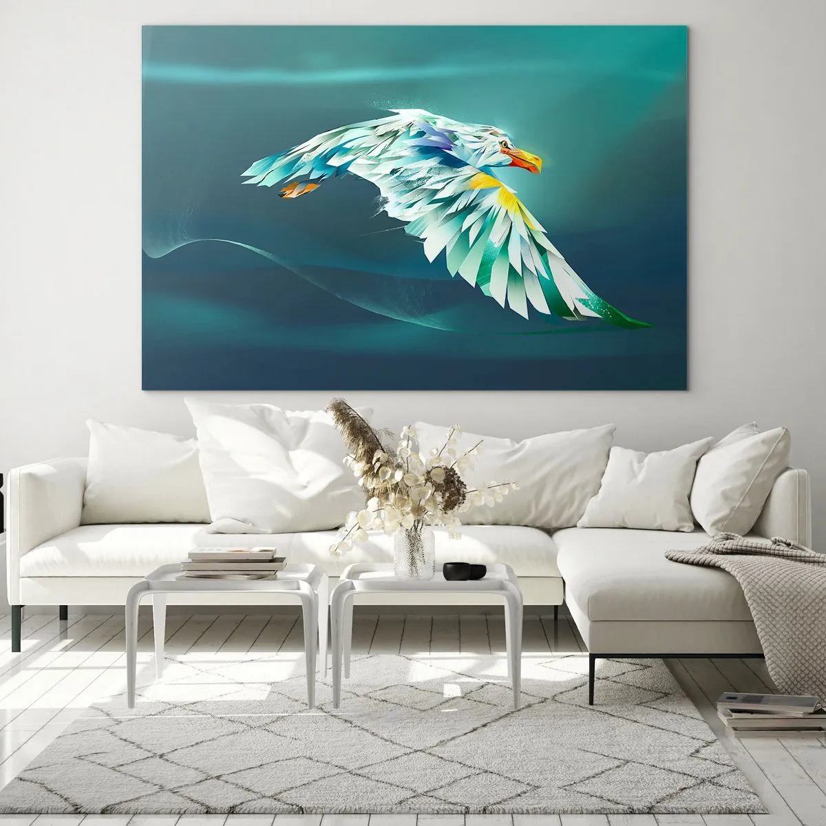 Glasbild - Bild auf glas - Ein abstraktes Bild eines Adlers in Blau- und Weißtönen vor einem Wellenhintergrund. - 70x50cm - Der Adler deiner Flüge ist die Kraft - Moderne Wanddekoration für Wohnzimmer und Schlafzimmer ARTTOR