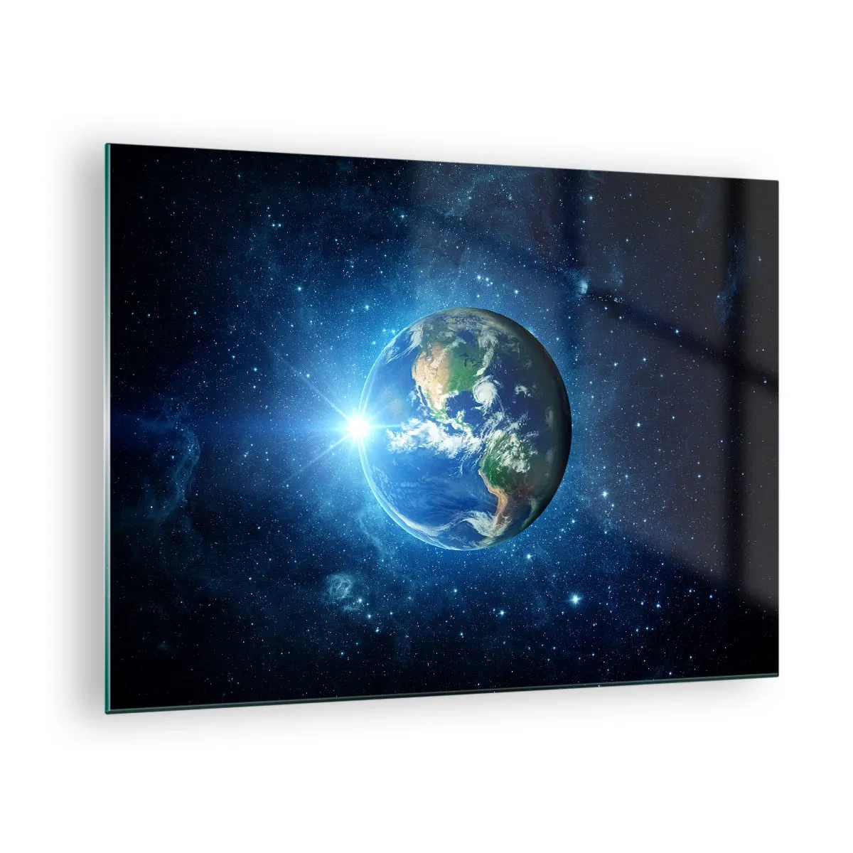 Glasbild - Bild auf glas - Erde aus dem Weltraum mit Lichtstrahlen gesehen - 70x50cm - Wir sind im Himmel - Moderne Wanddekoration für Wohnzimmer und Schlafzimmer ARTTOR