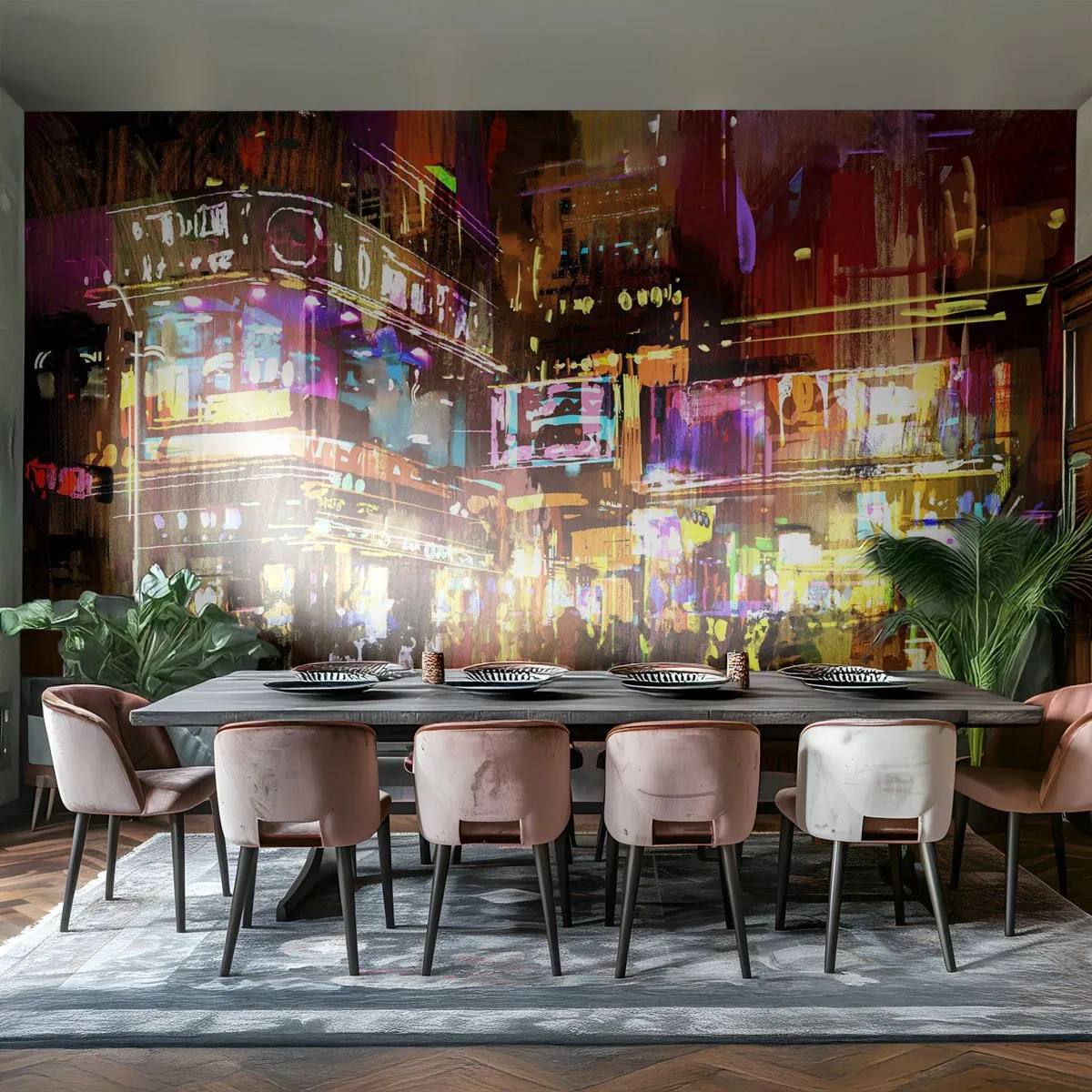 Fototapete Premium Sand - Eine pulsierende Stadt bei Nacht in Neonfarben - 100x70cm - In einem Lichtermeer - Moderne Wanddekoration für Wohnzimmer und Schlafzimmer ARTTOR