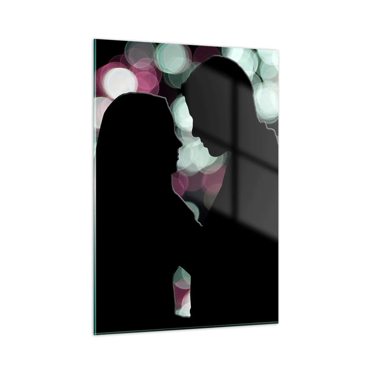 Glasbild - Bild auf glas - Silhouetten eines Paares vor dem Hintergrund bunter Bokeh-Lichter - 50x70cm - Jawohl! - Moderne Wanddekoration für Wohnzimmer und Schlafzimmer ARTTOR