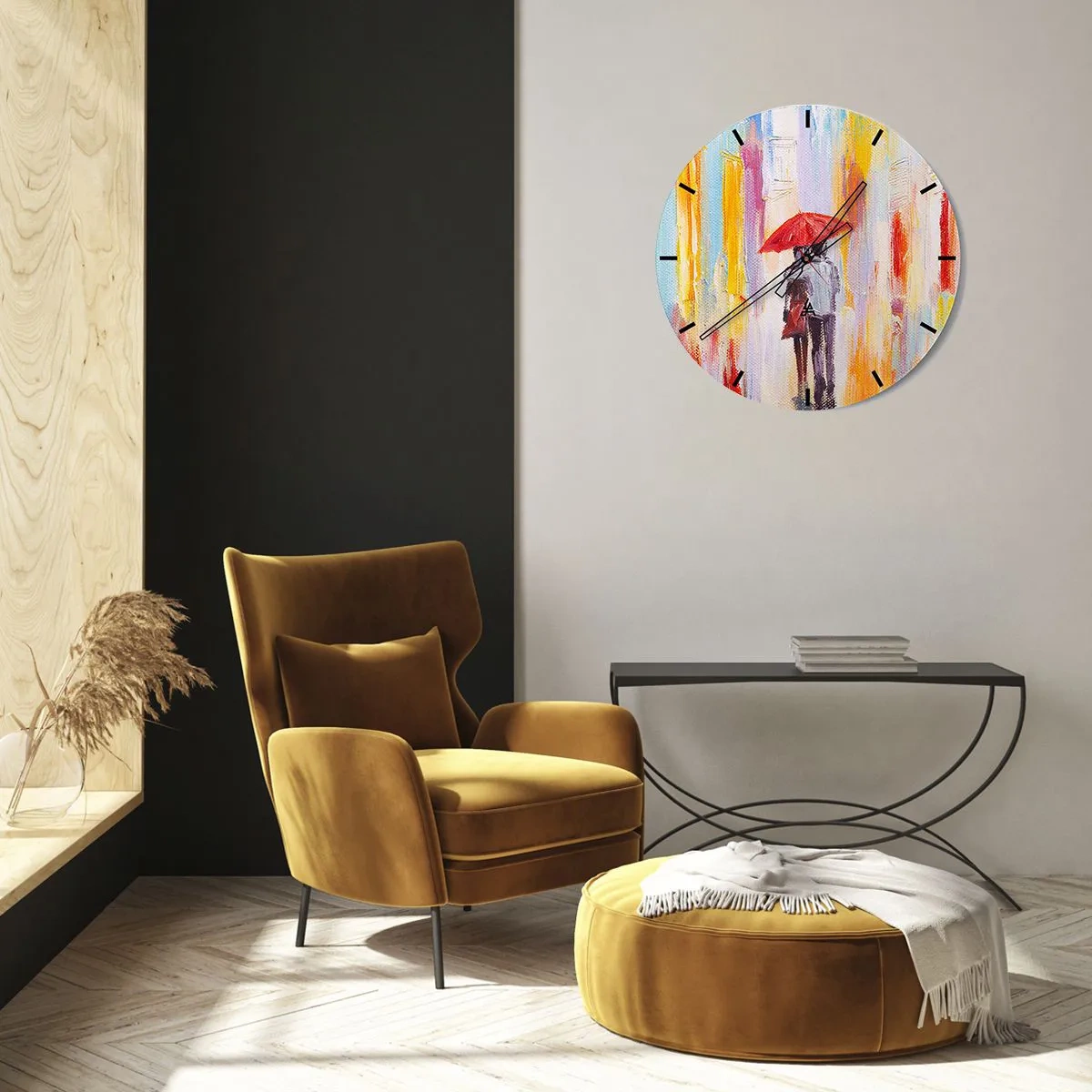 Wanduhr - Glasuhr - Eine Figur mit einem roten Regenschirm vor dem Hintergrund einer bunten Stadt - 30x30cm - Lass es weiter regnen - Moderne Wanddekoration für Wohnzimmer, Küche und Schlafzimmer ARTTOR