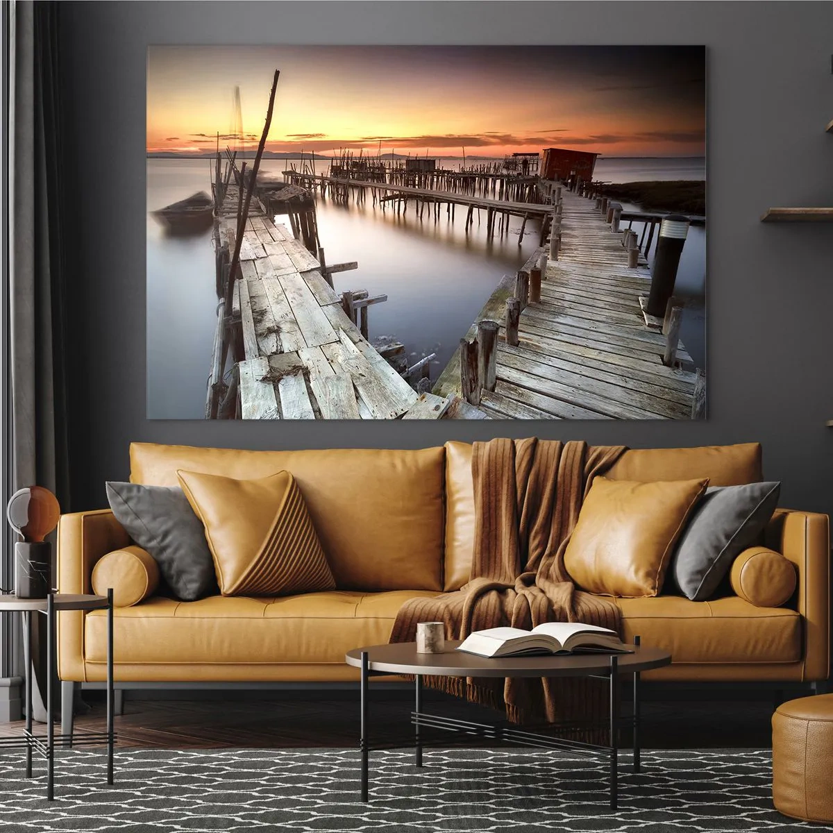 Glasbild - Bild auf glas - Holzstege bei Sonnenuntergang über einem ruhigen See - 100x70cm - Authentisch, keine Touristenattrappe - Moderne Wanddekoration für Wohnzimmer und Schlafzimmer ARTTOR