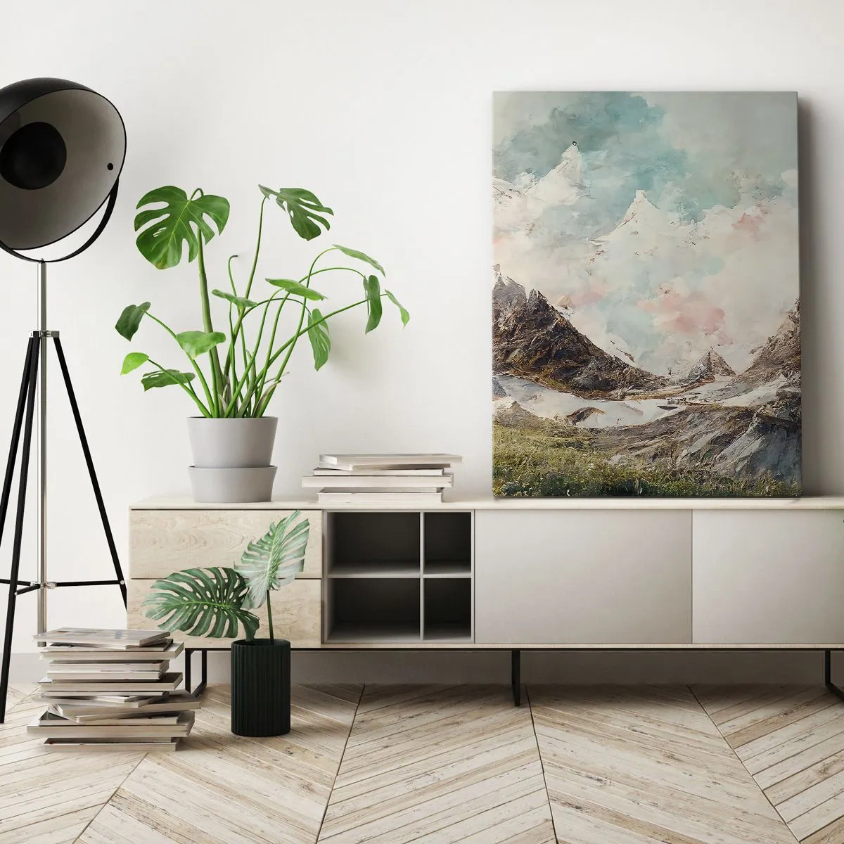 Bild auf Leinwand - Leinwandbild - Malerische Berge mit pastellfarbenem Himmel - 50x70cm - Felsklingen - Moderne Wanddekoration für Wohnzimmer und Schlafzimmer ARTTOR