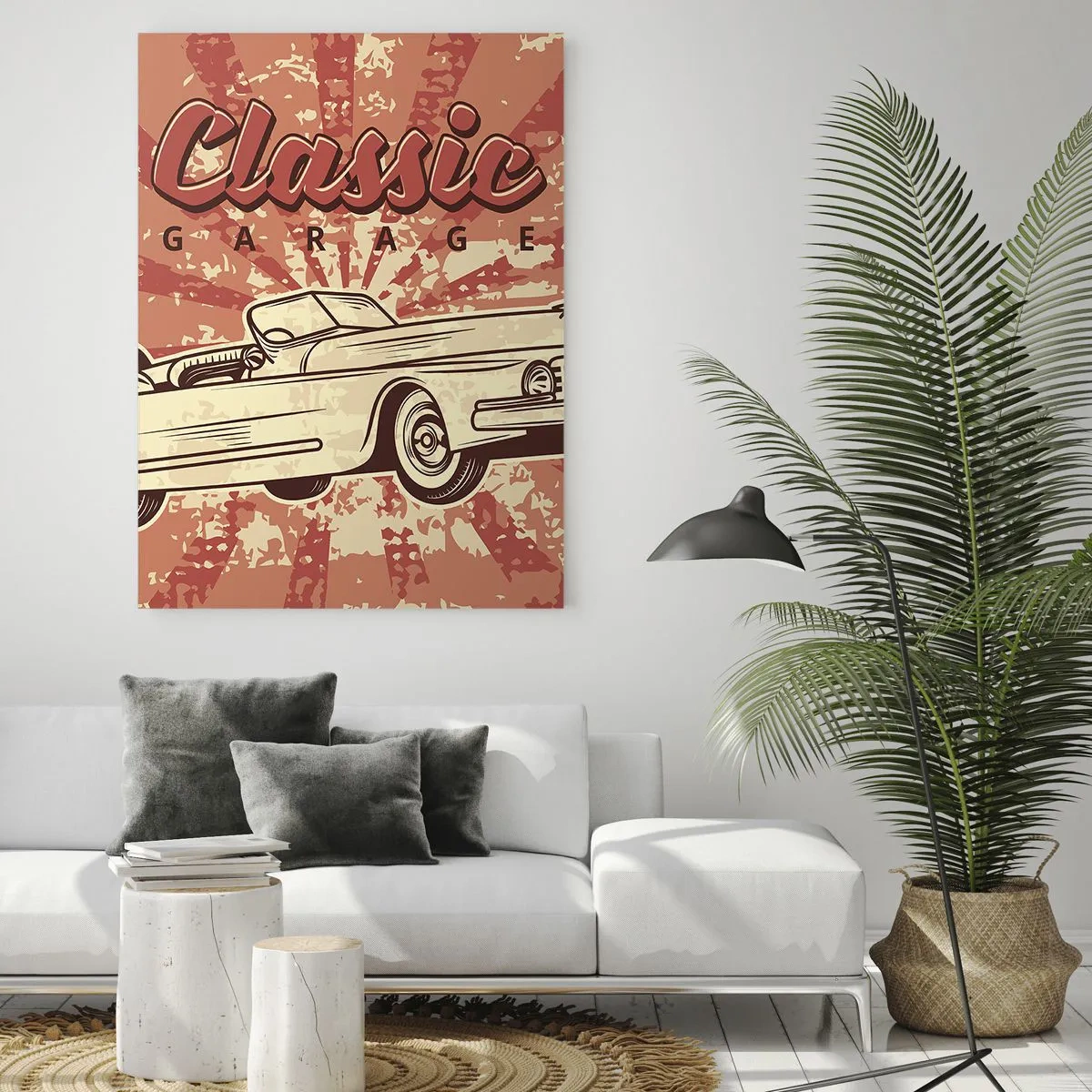 Glasbild - Bild auf glas - Retro-Poster mit einem Oldtimer und der Aufschrift „Classic Garage“ - 70x100cm - Und im Radio, Elvis - Moderne Wanddekoration für Wohnzimmer und Schlafzimmer ARTTOR