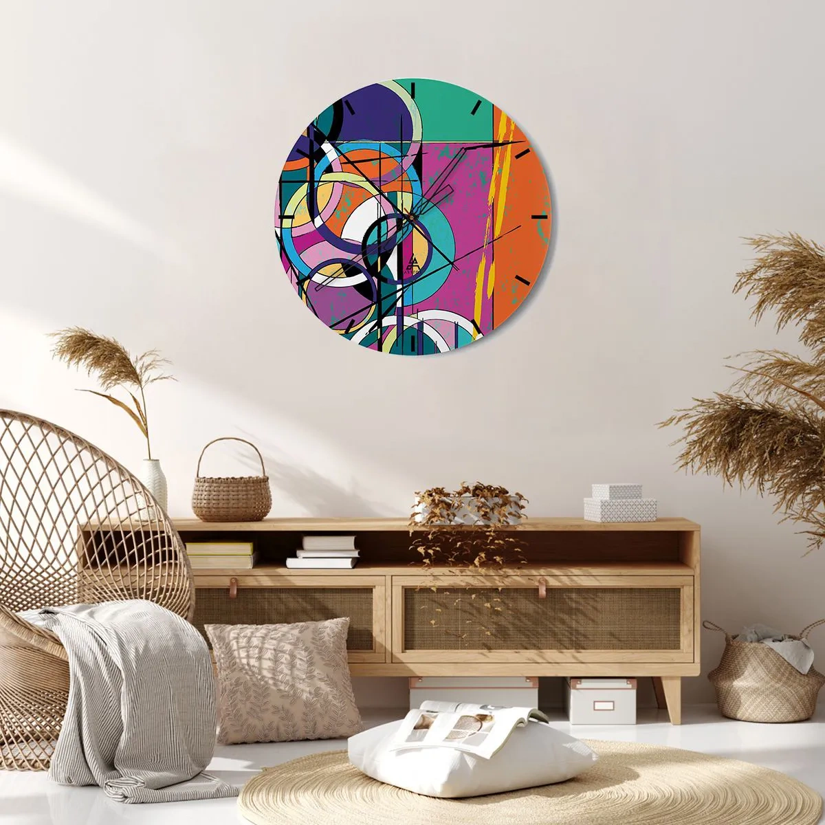 Wanduhr - Glasuhr - Ein Zifferblatt mit einem abstrakten, geometrischen Motiv in leuchtenden Farben. - 30x30cm - Rad für Rad - Moderne Wanddekoration für Wohnzimmer, Küche und Schlafzimmer ARTTOR