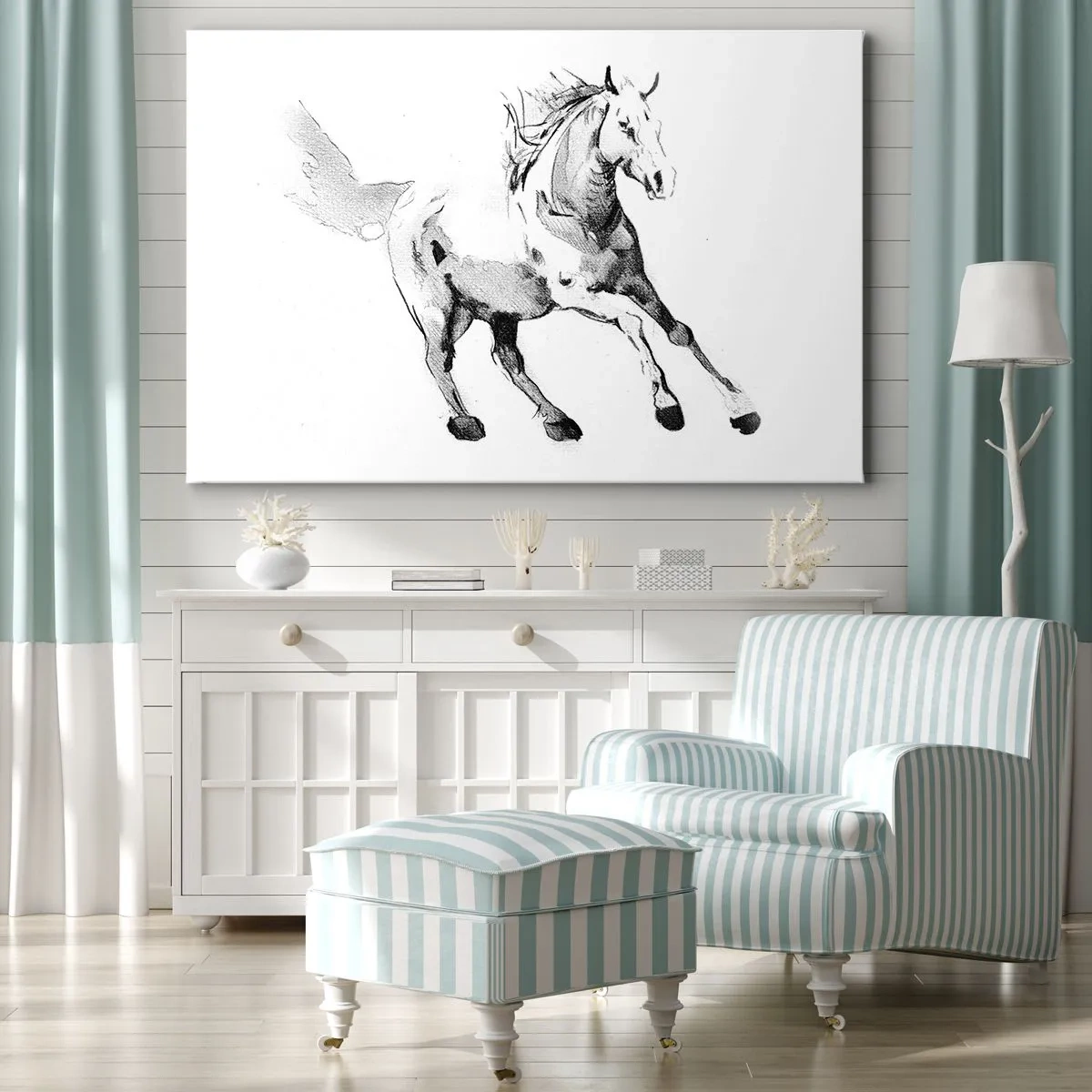 Bild auf Leinwand - Leinwandbild - Skizze eines galoppierenden Pferdes in Schwarz-Weiß-Tönen - 100x70cm - Ungezähmte Seele - Moderne Wanddekoration für Wohnzimmer und Schlafzimmer ARTTOR