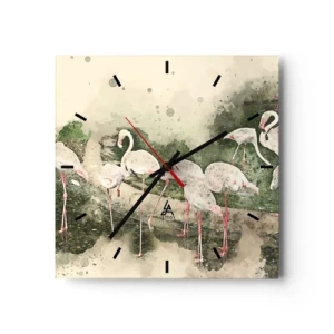 Wanduhr - Glasuhr - Flamingos in ihrer natürlichen Umgebung im Aquarellstil - 30x30cm - Exotischer Traum - Moderne Wanddekoration für Wohnzimmer und Schlafzimmer ARTTOR