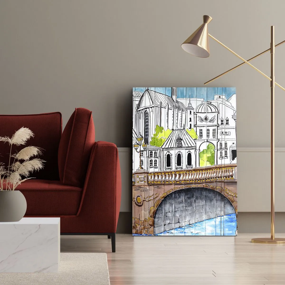 Bild auf Leinwand - Leinwandbild - Zeichnung der Brücke und historische Stadtarchitektur - 50x70cm - Die Stadt ist gemalt - Moderne Wanddekoration für Wohnzimmer und Schlafzimmer ARTTOR