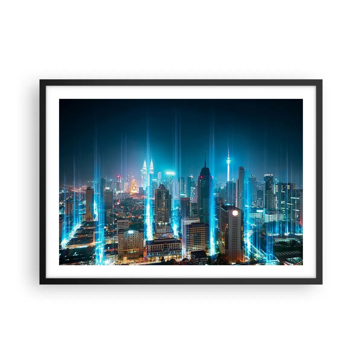 Poster in einem schwarzem Rahmen - Eine moderne Stadt bei Nacht mit futuristischen Lichtakzenten. - 70x50cm - Auf Berliner Art gegen den Himmel - Moderne Wanddekoration für Wohnzimmer und Schlafzimmer ARTTOR
