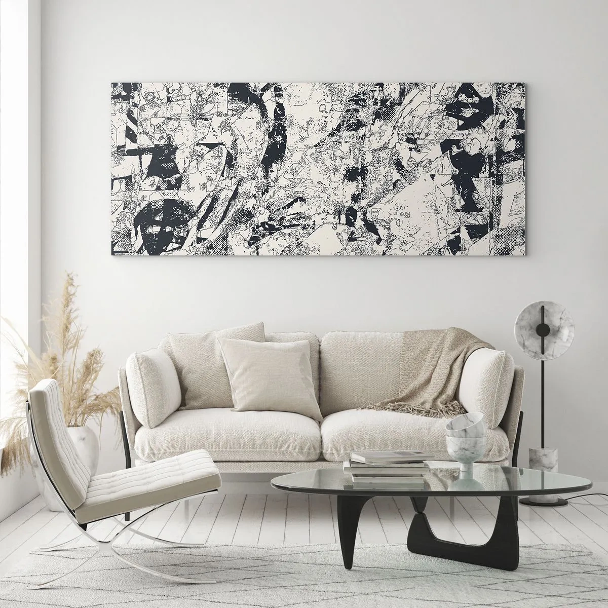 Glasbild - Bild auf glas - Abstrakte Komposition in Schwarzweiß mit dynamischem Layout - 140x50cm - Durchdringung der Gegensätze - Moderne Wanddekoration für Wohnzimmer und Schlafzimmer ARTTOR