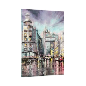 Glasbild - Bild auf glas - Eine Stadtstraße im Regen mit einer spektakulären Lichtreflexion - 50x70cm - Es wird ein gelungener Abend - Moderne Wanddekoration für Wohnzimmer und Schlafzimmer ARTTOR