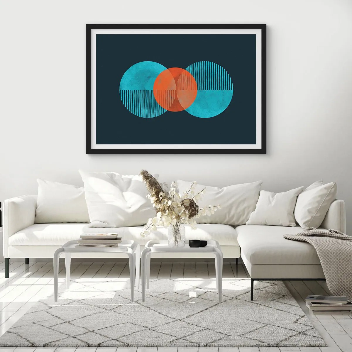 Poster in einem schwarzem Rahmen - Geometrische Kreise in Blau- und Orangetönen - 70x50cm - Symmetrische Komposition - Moderne Wanddekoration für Wohnzimmer und Schlafzimmer ARTTOR