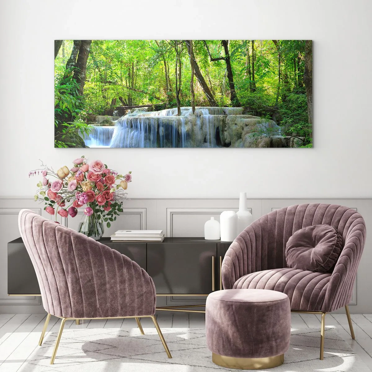 Glasbild - Bild auf glas - Ein Wasserfall zwischen grünen Bäumen mit blauem Wasser in einer natürlichen Umgebung - 120x50cm - In Türkis und Grün ertrinken - Moderne Wanddekoration für Wohnzimmer und Schlafzimmer ARTTOR