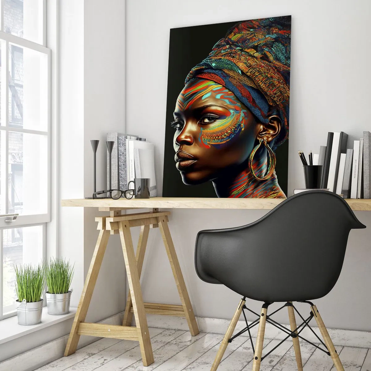 Glasbild - Bild auf glas - Porträt einer Frau mit buntem Muster und Turban - 80x120cm - Afrikanische Königin - Moderne Wanddekoration für Wohnzimmer und Schlafzimmer ARTTOR