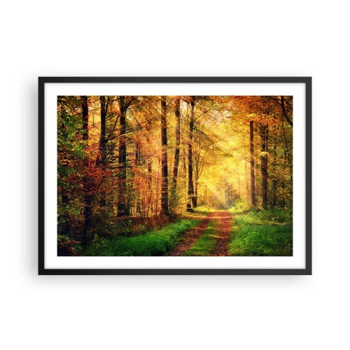 Poster in einem schwarzem Rahmen - Ein Waldweg, umgeben von goldenen und grünen Bäumen - 70x50cm - Waldgoldene Stille - Moderne Wanddekoration für Wohnzimmer und Schlafzimmer ARTTOR