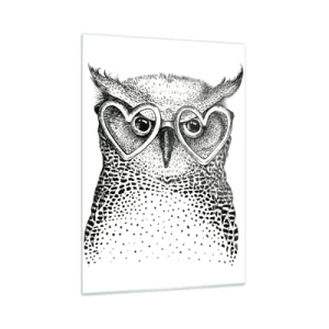 Glasbild - Bild auf glas - Abbildung einer Eule mit herzförmiger Brille - 50x70cm - Klug und mit Liebe - Moderne Wanddekoration für Wohnzimmer und Schlafzimmer ARTTOR
