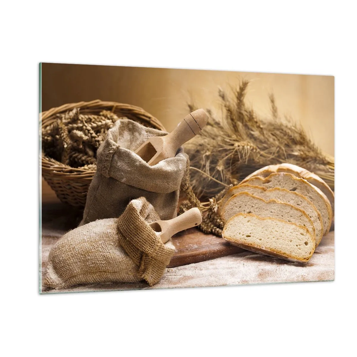 Glasbild - Bild auf glas - Brot, Mehl und Ähren im rustikalen Stil - 120x80cm - Wie mit einem Messer geschnitten - Moderne Wanddekoration für Wohnzimmer und Schlafzimmer ARTTOR