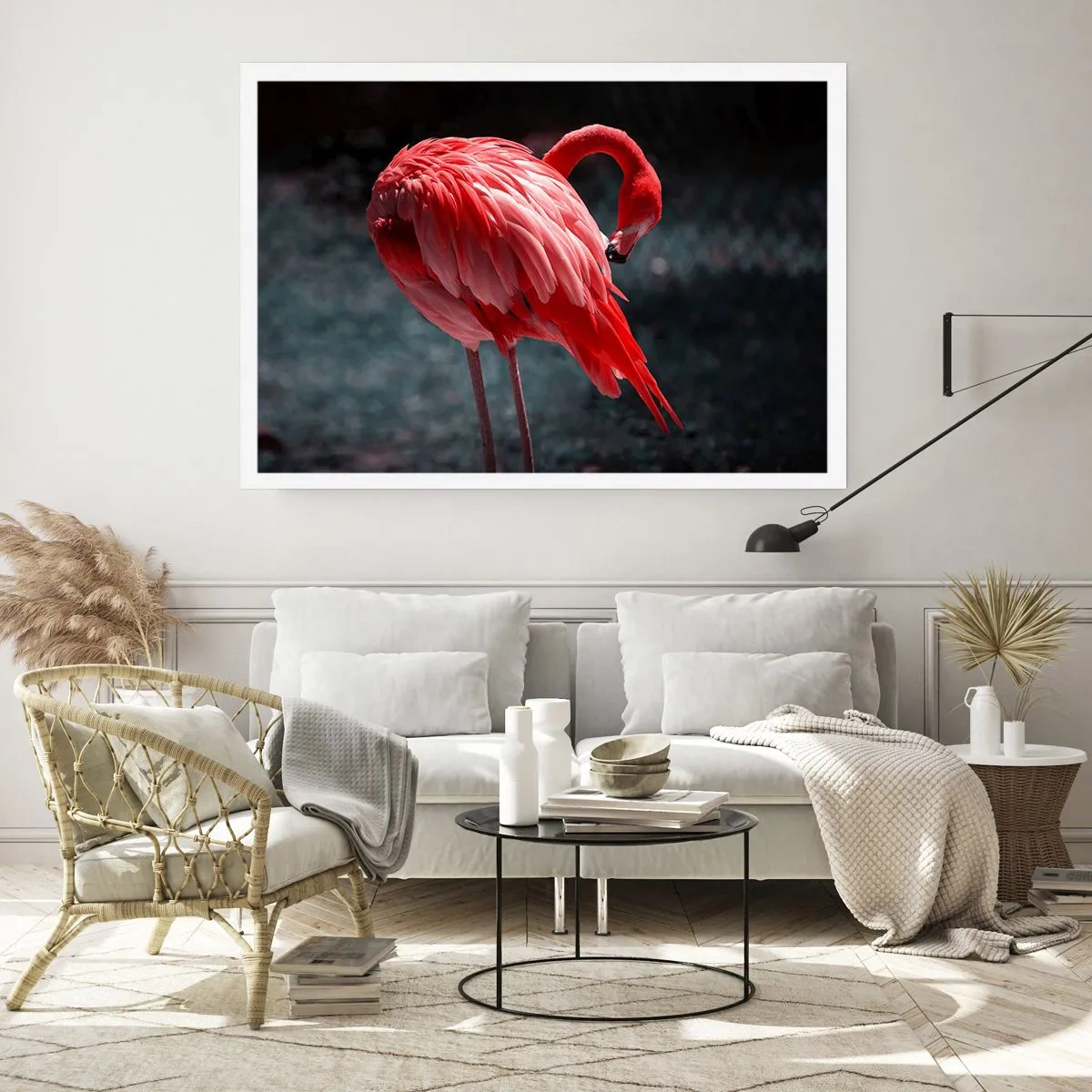 Poster - Ein rosa Flamingo auf dunkelgrünem Hintergrund - 100x70cm - Ein purpurrotes Gedicht der Natur - Moderne Wanddekoration für Wohnzimmer und Schlafzimmer ARTTOR