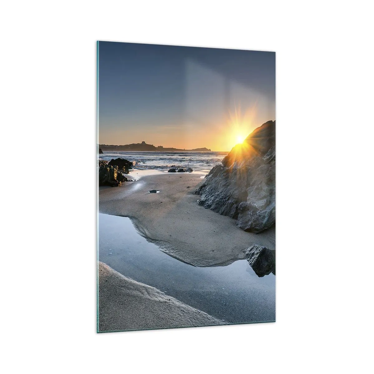 Glasbild - Bild auf glas - Malerischer Sonnenuntergang an einem felsigen Strand - 70x100cm - Unberührt von menschlicher Hand - Moderne Wanddekoration für Wohnzimmer und Schlafzimmer ARTTOR