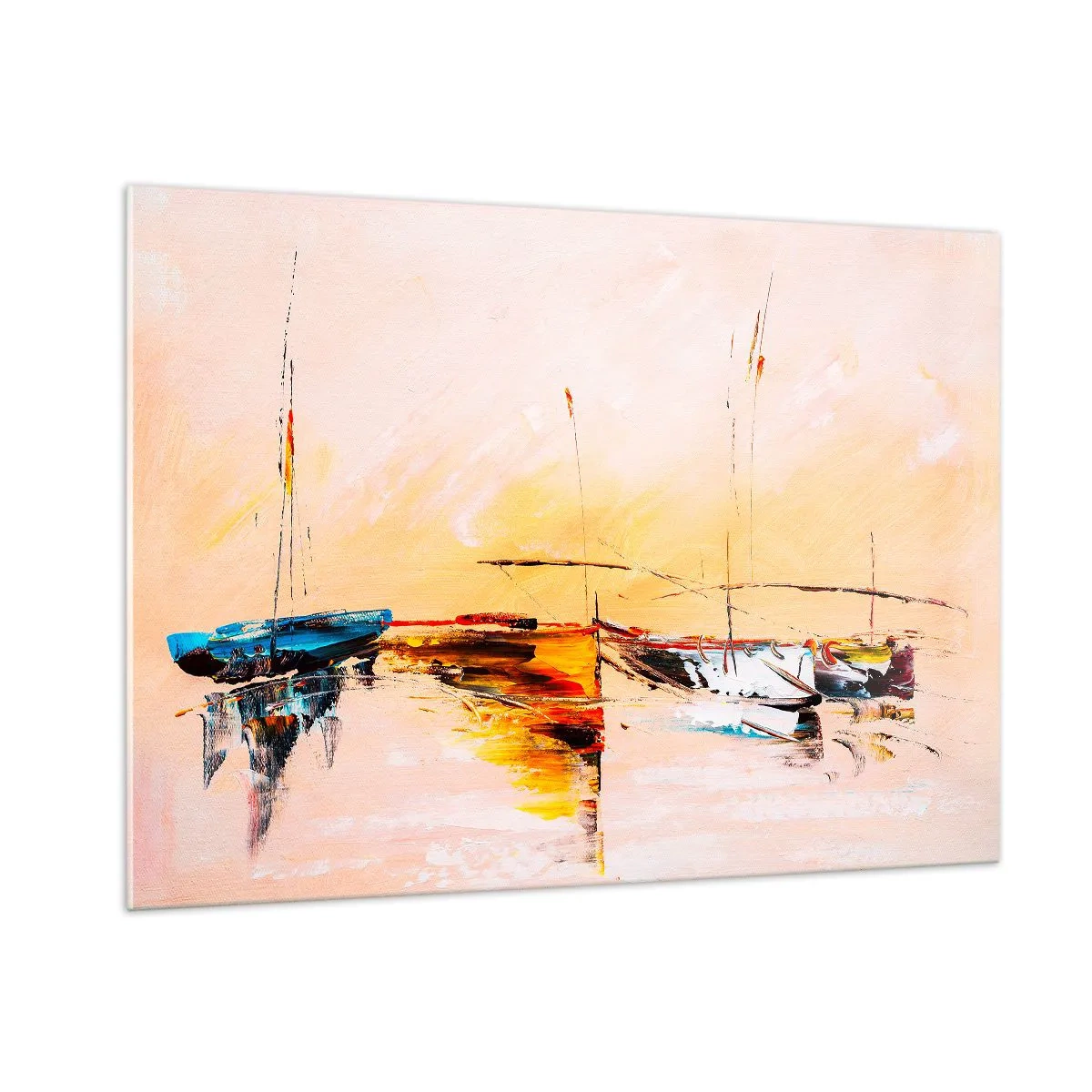 Glasbild - Bild auf glas - Bunte Boote vor der Kulisse eines impressionistischen Sonnenuntergangs - 100x70cm - Abend im Yachthafen - Moderne Wanddekoration für Wohnzimmer und Schlafzimmer ARTTOR