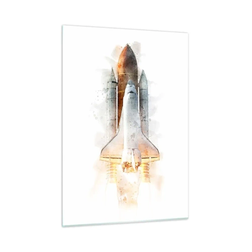 Glasbild - Bild auf glas - Ein startendes Space Shuttle im Aquarellstil auf weißem Hintergrund. - 50x70cm - Entdecker für den Anfang - Moderne Wanddekoration für Wohnzimmer und Schlafzimmer ARTTOR