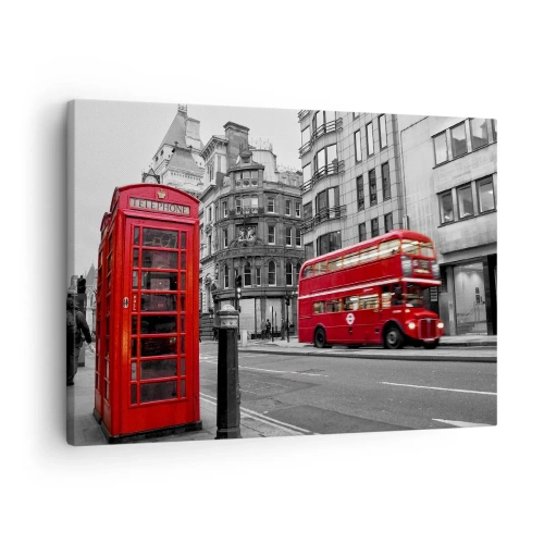 Bild auf Leinwand - Leinwandbild - Eine rote Telefonzelle und ein Doppeldeckerbus in London mit der Stadt im Hintergrund - 70x50cm - Das Rotste in Europa - Moderne Wanddekoration für Wohnzimmer und Schlafzimmer ARTTOR