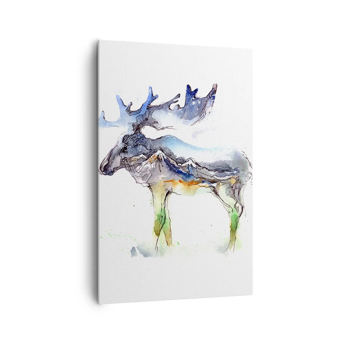 Bild auf Leinwand - Leinwandbild - Aquarell-Silhouette eines Elches mit Berglandschaft - 80x120cm - Der Held eines Wintermärchens - Moderne Wanddekoration für Wohnzimmer und Schlafzimmer ARTTOR