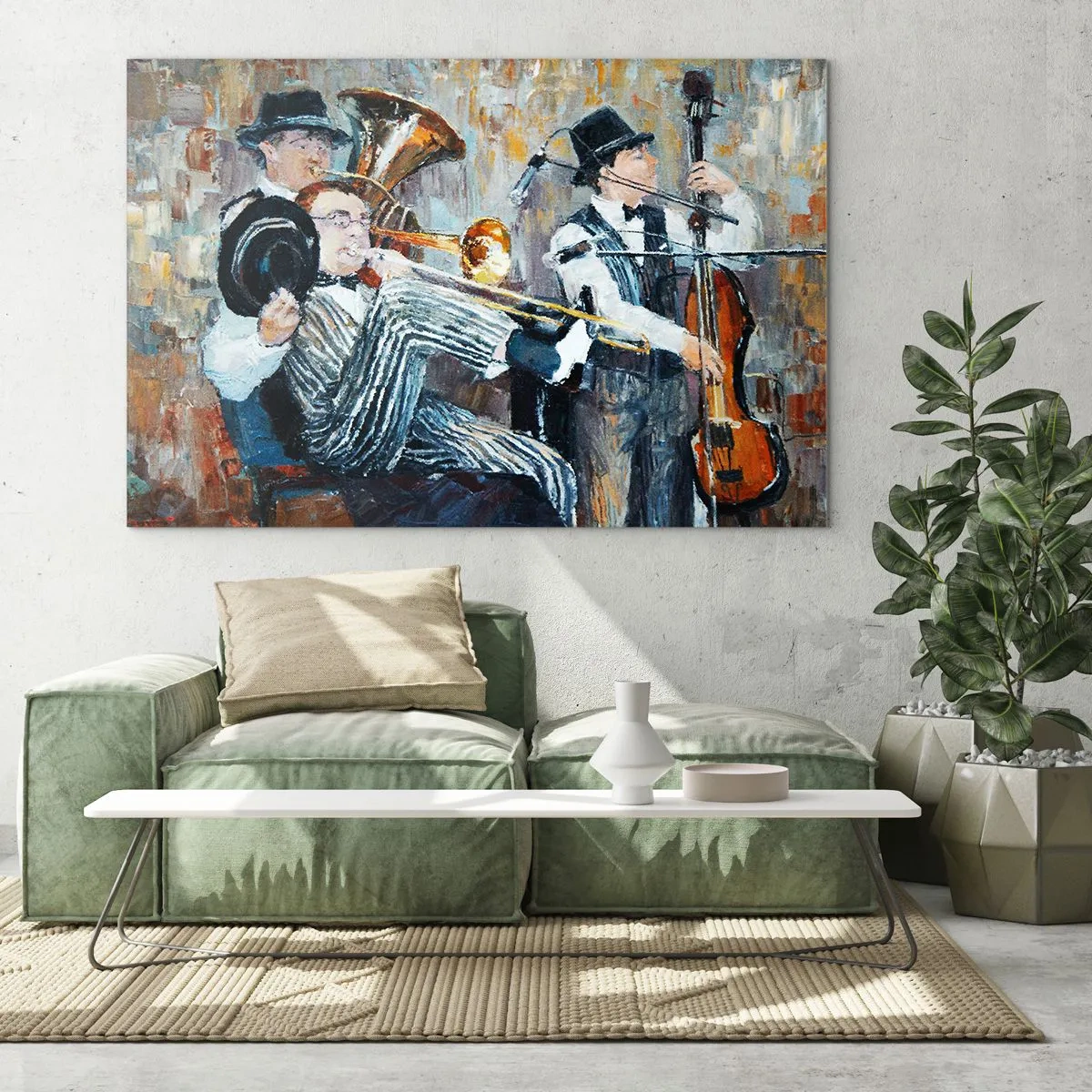 Glasbild - Bild auf glas - Eine Jazzband in einer stimmungsvollen impressionistischen Szene - 70x50cm - Der ganze Jazz - Moderne Wanddekoration für Wohnzimmer und Schlafzimmer ARTTOR