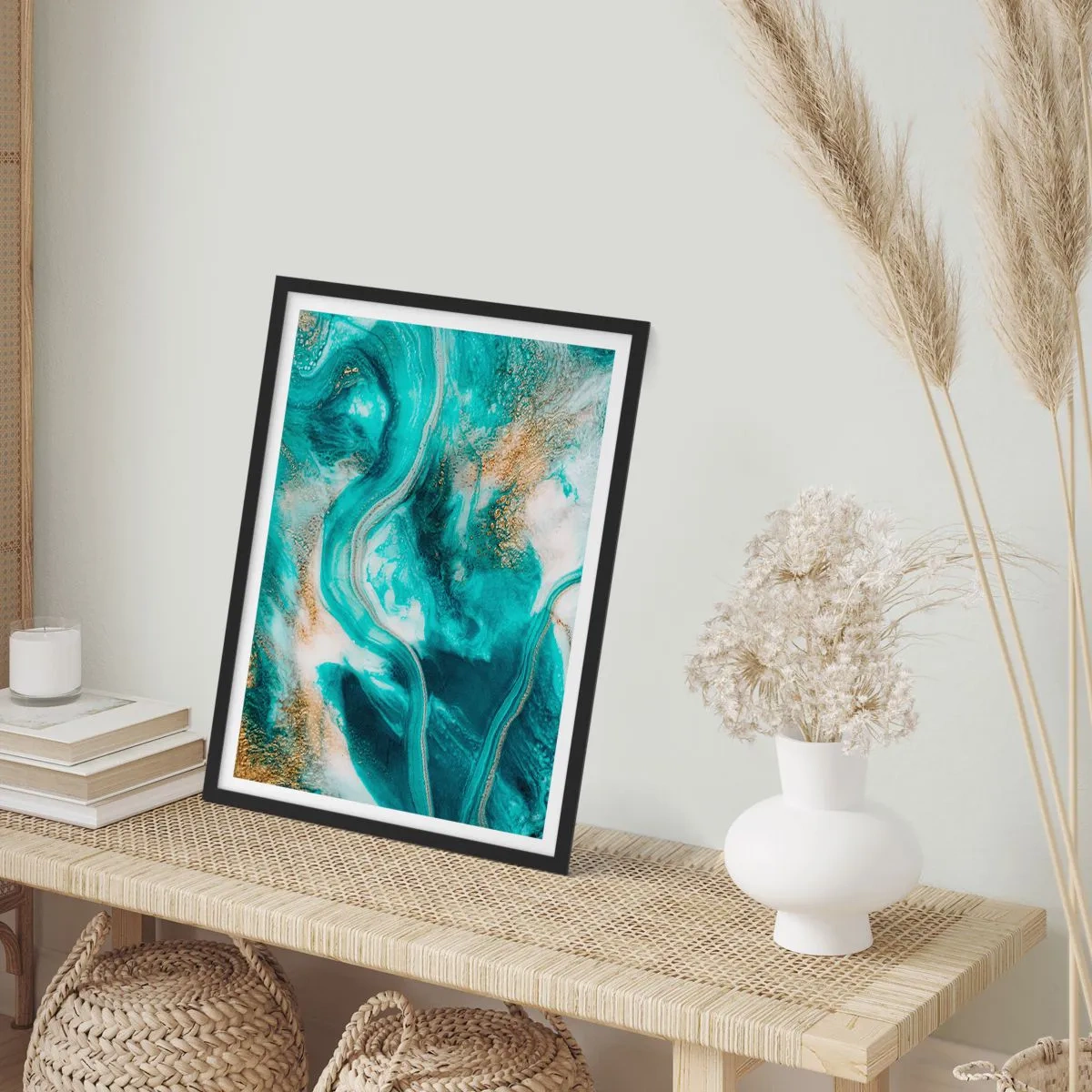 Poster in einem schwarzem Rahmen - Eine abstrakte Komposition in Türkis- und Goldtönen. - 50x70cm - Der Fluss aus Gold - Moderne Wanddekoration für Wohnzimmer und Schlafzimmer ARTTOR