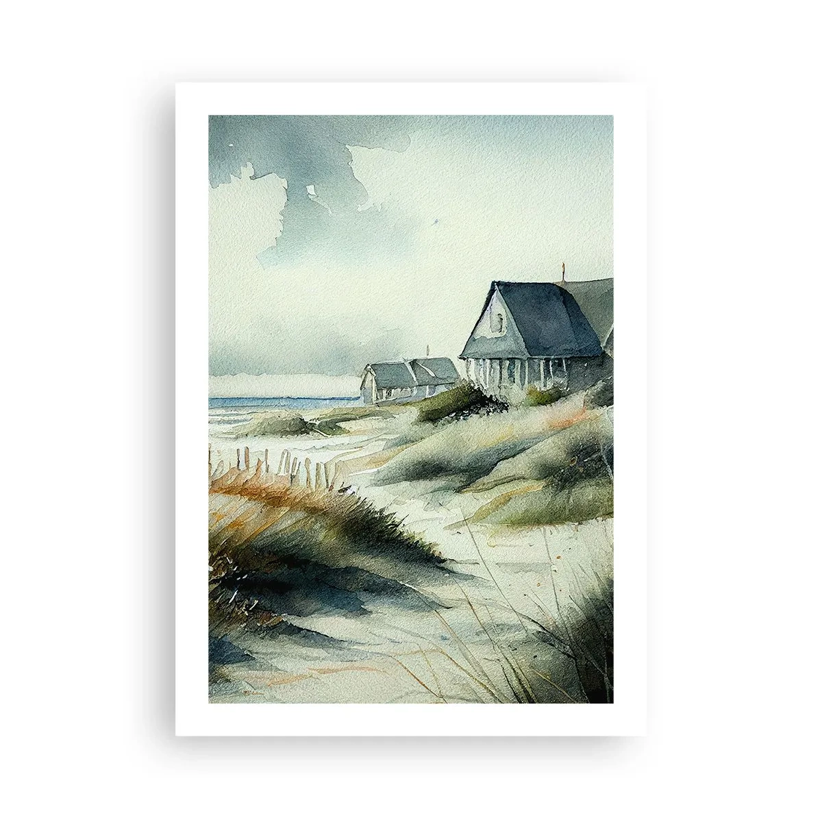 Poster - Aquarell-Strandhaus mit Meerblick - 50x70cm - Abseits vom Trubel - Moderne Wanddekoration für Wohnzimmer und Schlafzimmer ARTTOR