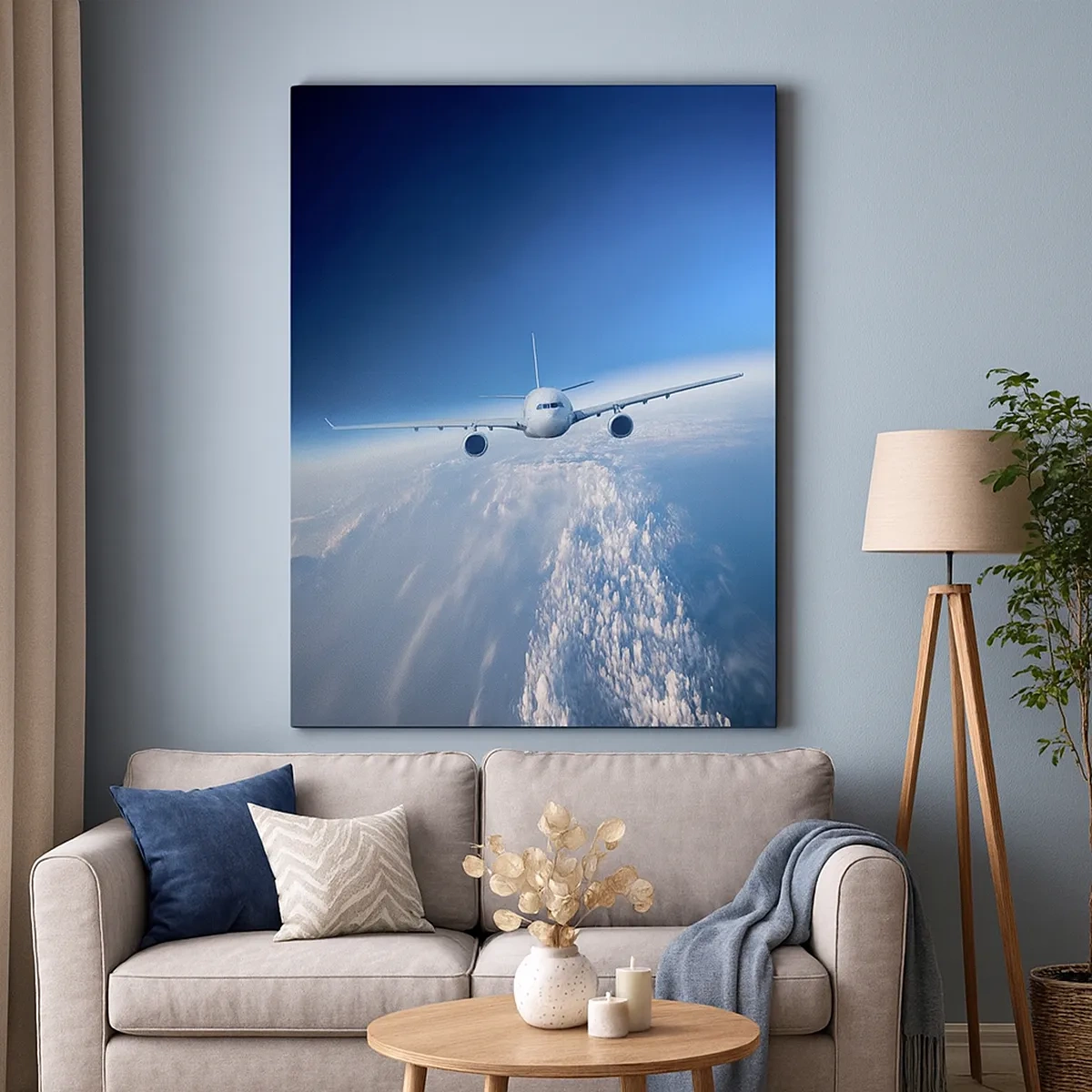 Bild auf Leinwand - Leinwandbild - Ein Flugzeug fliegt über den Wolken vor blauem Himmel - 50x70cm - Ich fliege, weil ich es kann - Moderne Wanddekoration für Wohnzimmer und Schlafzimmer ARTTOR