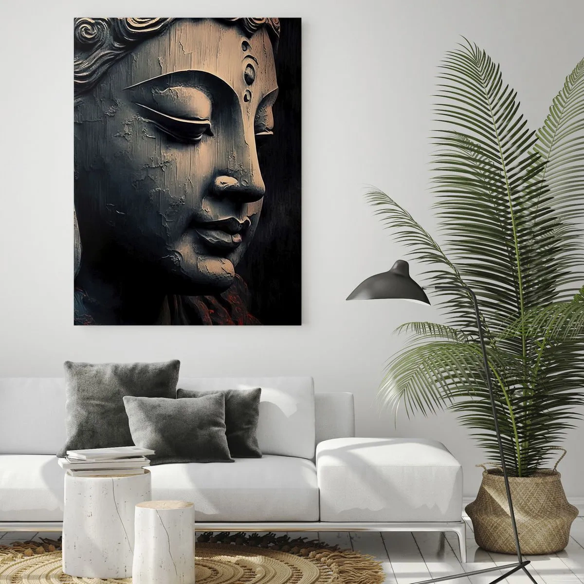 Glasbild - Bild auf glas - Profil einer meditierenden Figur mit einer roten Blume vor dunklem Hintergrund. - 50x70cm - Im Einklang mit der Welt - Moderne Wanddekoration für Wohnzimmer und Schlafzimmer ARTTOR