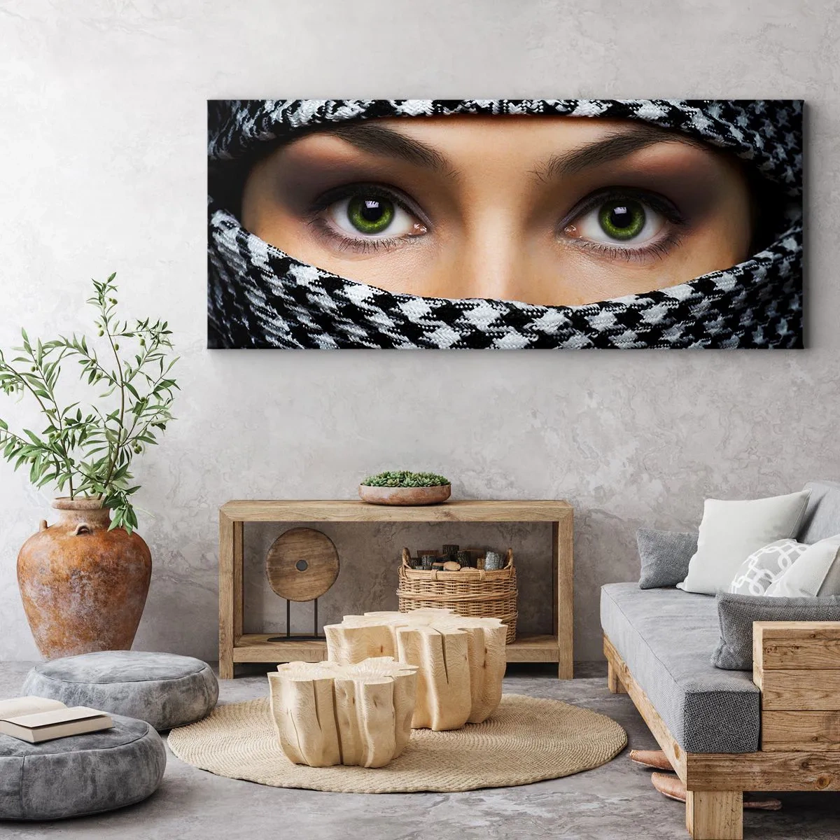 Bild auf Leinwand - Leinwandbild - Ein Porträt einer verschleierten grünäugigen Schönheit - 100x40 cm