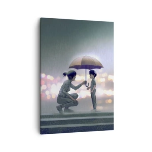 Bild auf Leinwand - Leinwandbild - Eine Figur mit einem Regenschirm schützt ein Kind vor dem Hintergrund nächtlicher Lichter. - 50x70cm - Und jetzt ist alles in Ordnung - Moderne Wanddekoration für Wohnzimmer und Schlafzimmer ARTTOR