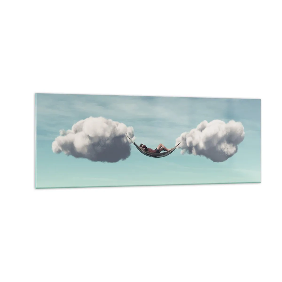 Glasbild - Bild auf glas - Eine Person entspannt in einer Hängematte in den Wolken - 140x50cm - Die Behaglichkeit des Augenblicks - Moderne Wanddekoration für Wohnzimmer und Schlafzimmer ARTTOR