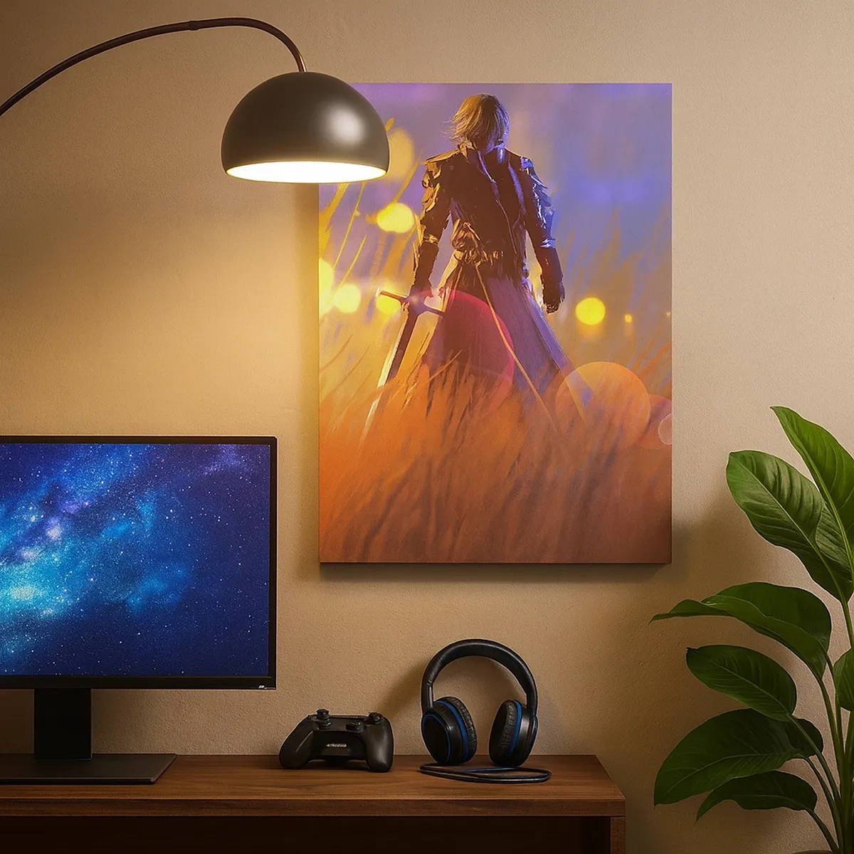 Bild auf Leinwand - Leinwandbild - Die Figur eines Ritters im Licht der untergehenden Sonne auf einem Feld - 50x70cm - Fahrender Ritter - Moderne Wanddekoration für Wohnzimmer und Schlafzimmer ARTTOR