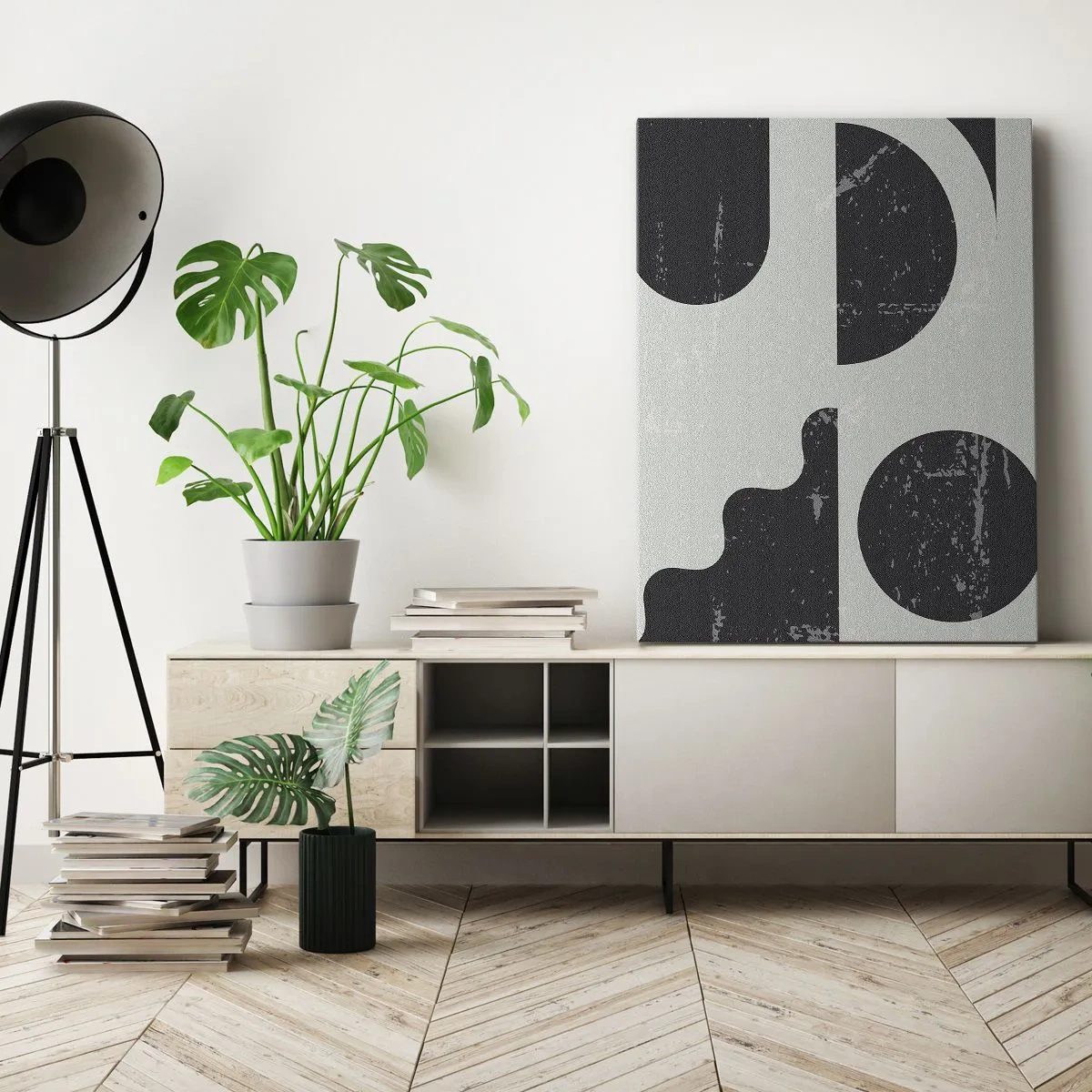 Bild auf Leinwand - Leinwandbild - Geometrische Muster in Schwarz- und Grautönen - 80x120cm - Komposition oben und unten - Moderne Wanddekoration für Wohnzimmer und Schlafzimmer ARTTOR