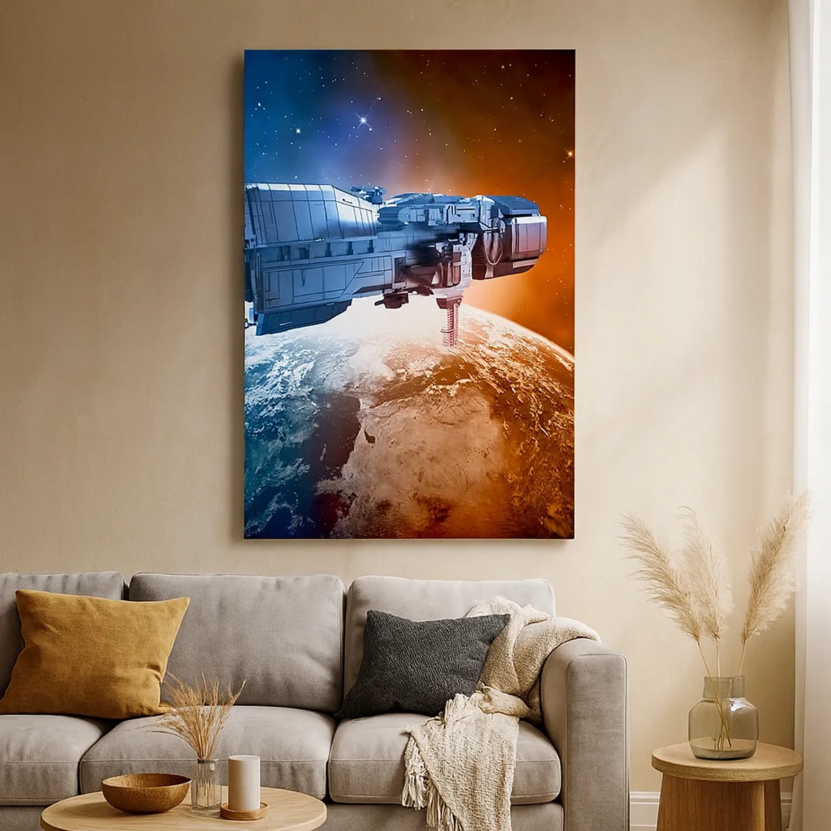 Bild auf Leinwand - Leinwandbild - Ein Raumschiff vor dem Hintergrund eines Planeten im Weltraum - 50x70cm - Ein aufmerksamer Beobachter - Moderne Wanddekoration für Wohnzimmer und Schlafzimmer ARTTOR