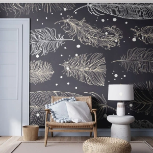 Fototapete Premium Sand - Ein elegantes Muster aus goldenen Federn auf dunklem Hintergrund - 100x70cm - Gefiederte Spitze - Moderne Wanddekoration für Wohnzimmer und Schlafzimmer ARTTOR