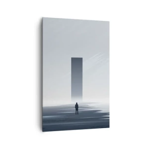 Bild auf Leinwand - Leinwandbild - Eine minimalistische Landschaft mit einer Silhouette neben einem rechteckigen Monolithen - 80x120cm - Chance oder Bedrohung? - Moderne Wanddekoration für Wohnzimmer und Schlafzimmer ARTTOR