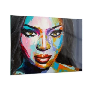 Glasbild - Bild auf glas - Ein farbenfrohes Frauenporträt in einem unverwechselbaren Stil - 100x70cm - Es ist unmöglich die Augen abzuwenden - Moderne Wanddekoration für Wohnzimmer und Schlafzimmer ARTTOR