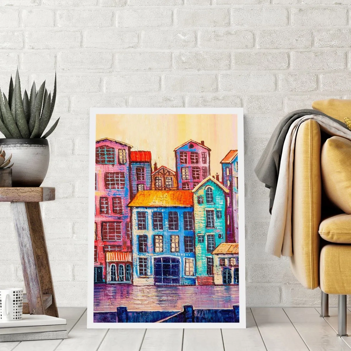 Poster - Bunte Mietshäuser am Wasser im malerischen Stil - 50x70cm - Stadt wie aus einem Märchen - Moderne Wanddekoration für Wohnzimmer und Schlafzimmer ARTTOR