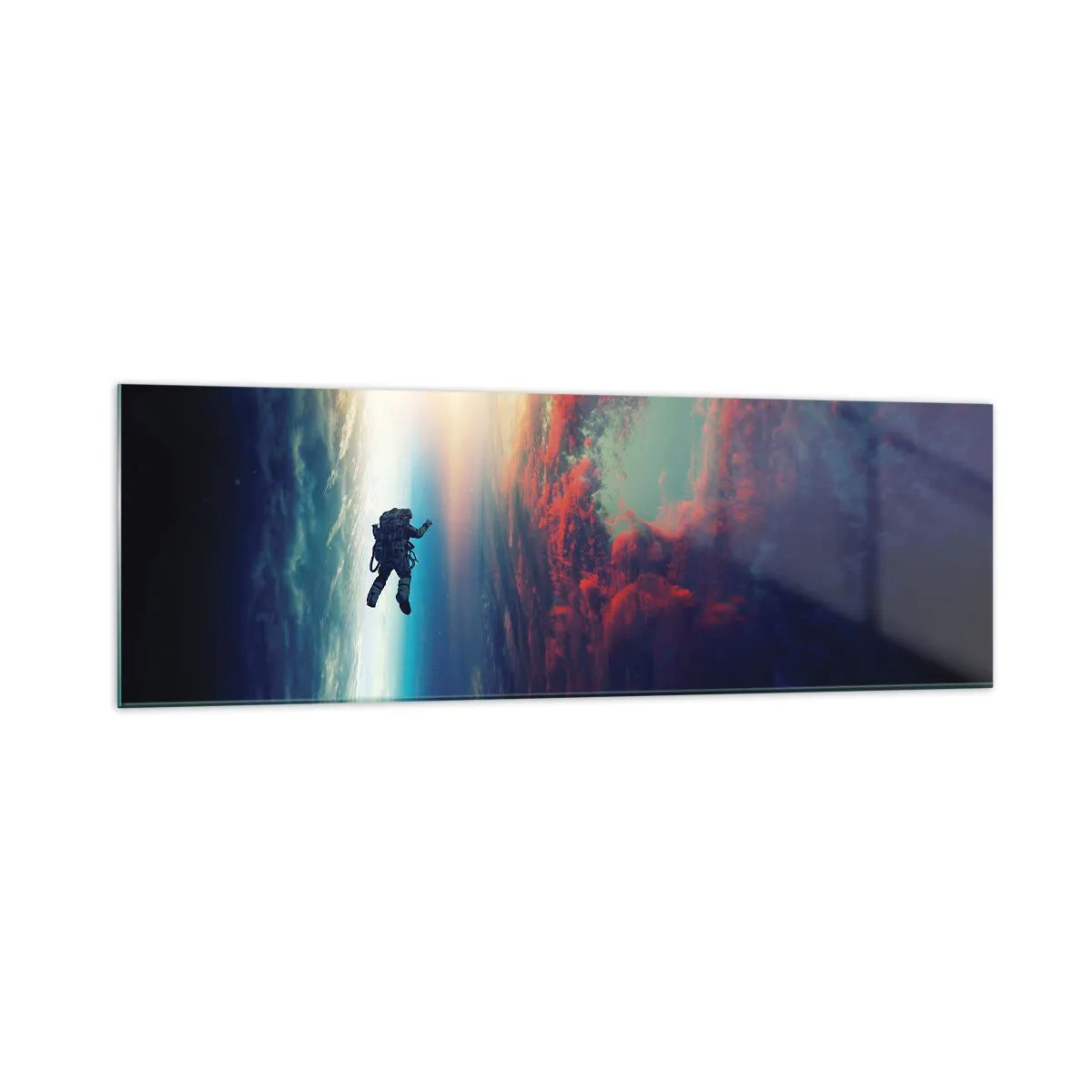 Glasbild - Bild auf glas - Ein Astronaut schwebt im Weltraum über einer bunten Erde - 160x50cm - Sich dem Universum stellen - Moderne Wanddekoration für Wohnzimmer und Schlafzimmer ARTTOR