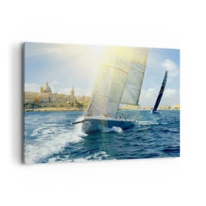Bild auf Leinwand - Leinwandbild - Yachtrennen vor der Kulisse einer sonnigen Küste - 100x70cm - Es ist Zeit die Stadt zu verlassen - Moderne Wanddekoration für Wohnzimmer und Schlafzimmer ARTTOR