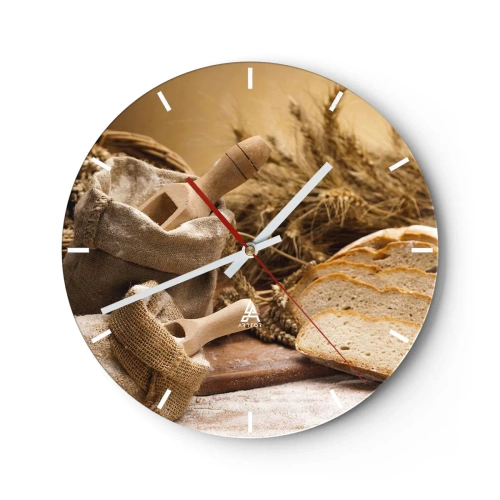 Wanduhr - Glasuhr - Ein Sack Mehl, Brot und Ähren im rustikalen Stil - 30x30cm - Wie mit einem Messer geschnitten - Moderne Wanddekoration für Wohnzimmer, Küche und Schlafzimmer ARTTOR