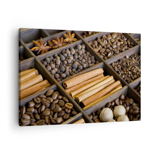 Bild auf Leinwand - Leinwandbild - Gewürze und Kaffee in Holzfächern - 70x50cm - Eine Fundgrube an Aromen - Moderne Wanddekoration für Wohnzimmer und Schlafzimmer ARTTOR