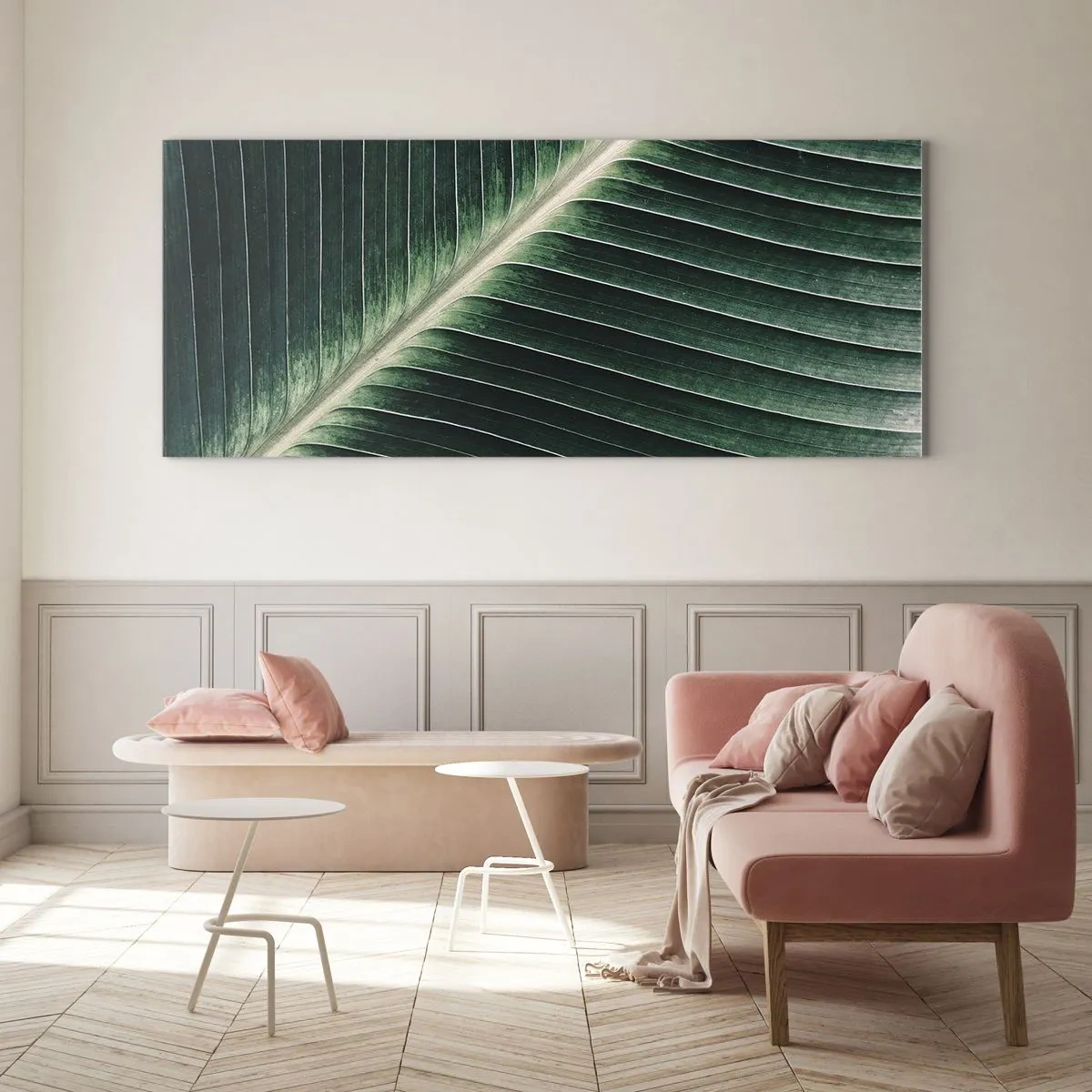Glasbild - Bild auf glas - Nahaufnahme der Struktur eines grünen Blattes - 120x50cm - Rhythmus der Natur - Moderne Wanddekoration für Wohnzimmer und Schlafzimmer ARTTOR