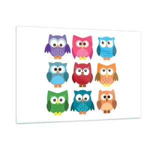 Glasbild - Bild auf glas - Bunte Eulen im Cartoon-Stil auf weißem Hintergrund - 120x80cm - Es macht Spaß, anders zu sein - Moderne Wanddekoration für Wohnzimmer und Schlafzimmer ARTTOR